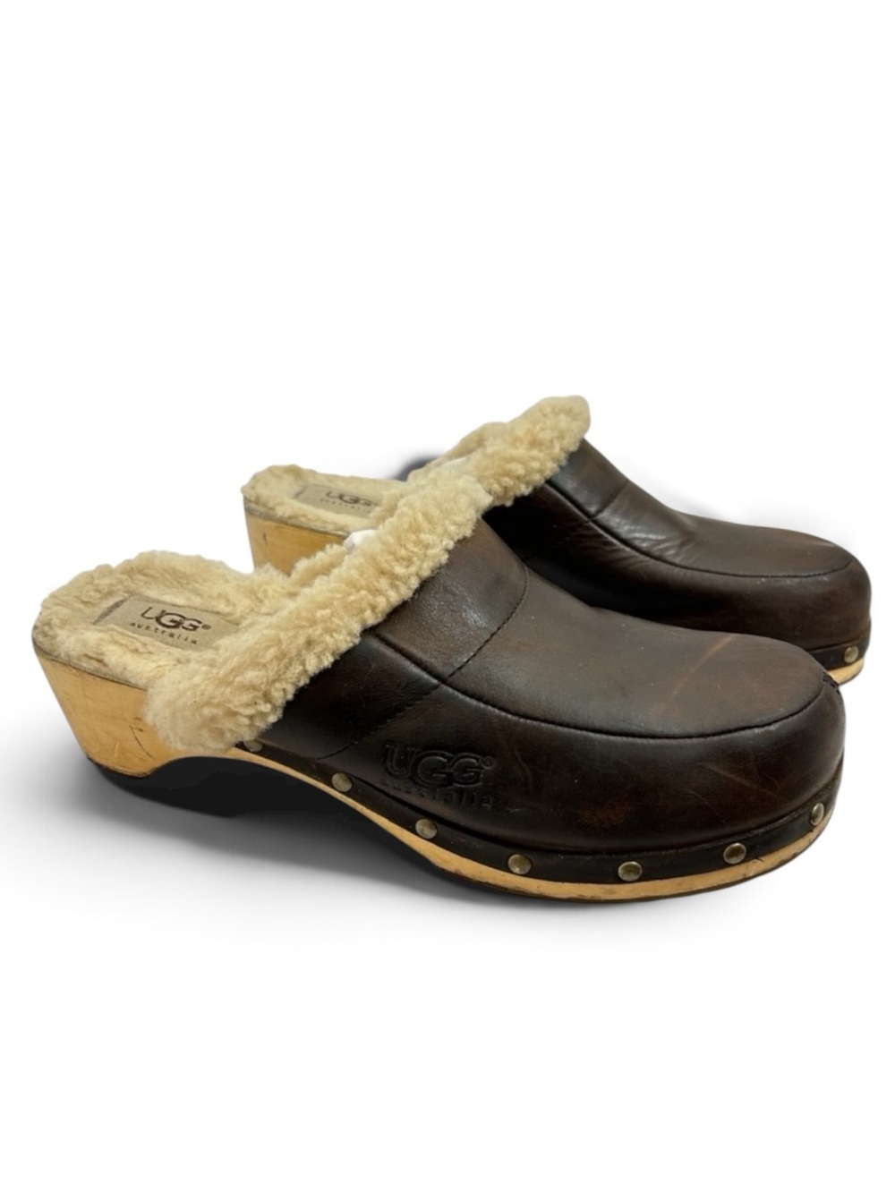 UGG Australia Kalie Brown Leather Sheepskin Lined Wooden Clogs Size 9 Vtg Y2K